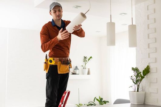 A man is standing on a ladder holding a piece of paper.