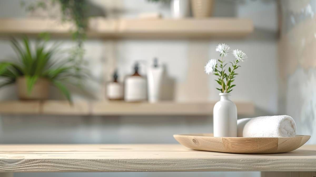A wooden table with a vase of flowers and a towel on it.