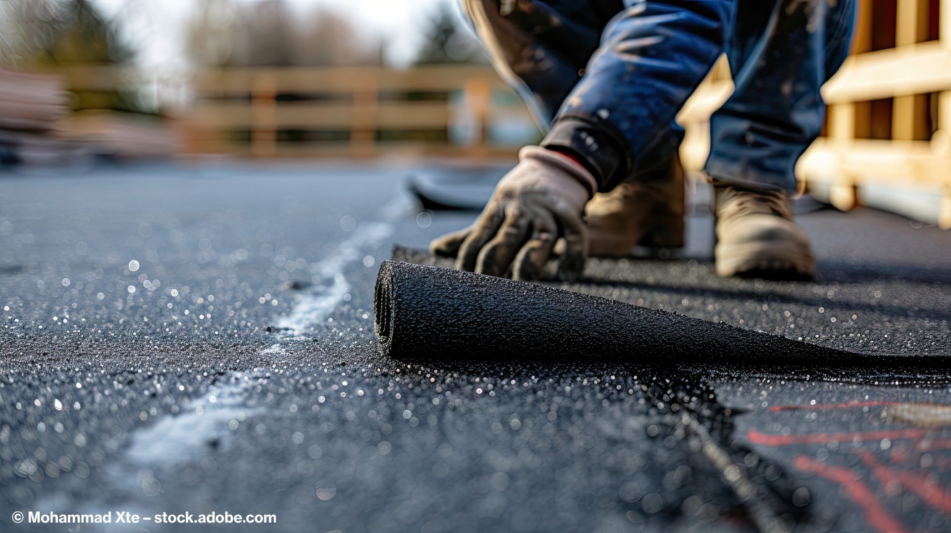 Dachdecker dichtet ein Dach ab