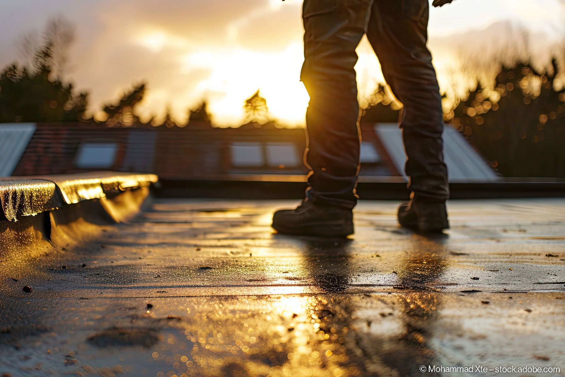 Dachdecker deckt ein Dach mit Dachpappe ab