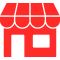 Un icono de tienda rojo con un toldo blanco sobre un fondo blanco.