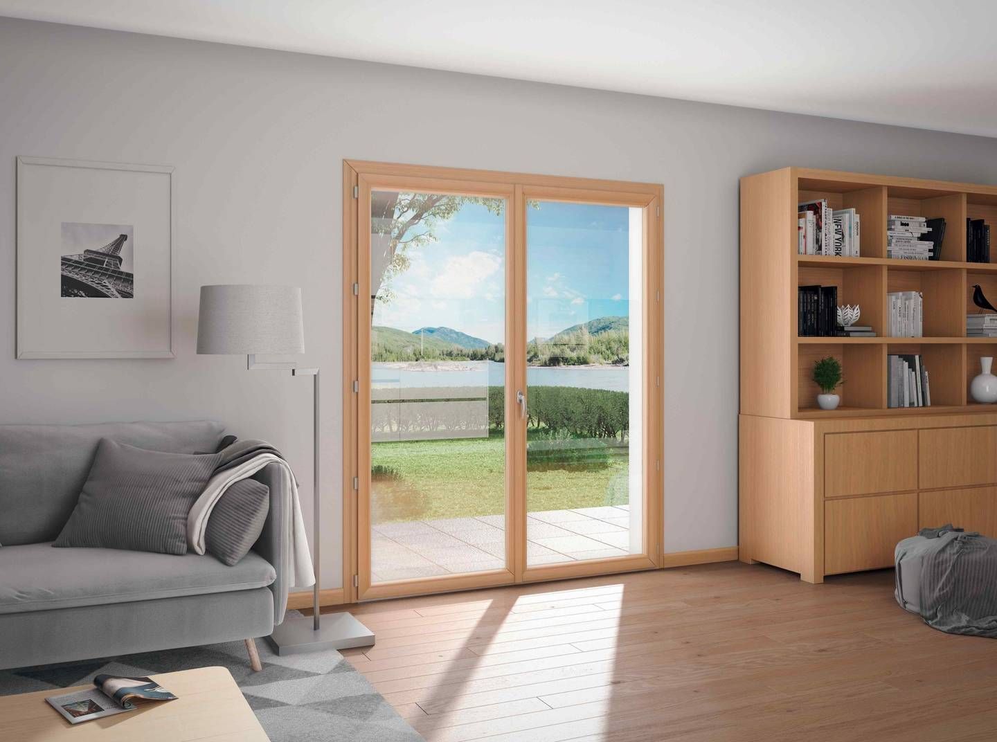 Porte-fenêtre en bois beige