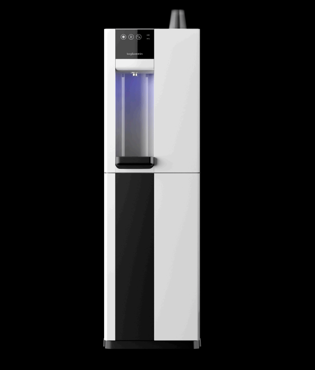 Dispensador de agua blanco y negro con panel de control y portavasos.