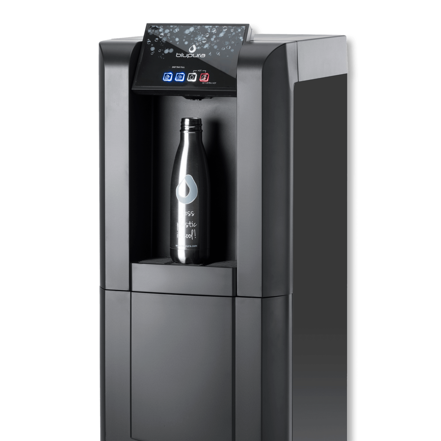 Dispensador de agua negro que dispensa agua en una botella negra. Cuenta con pantalla digital.