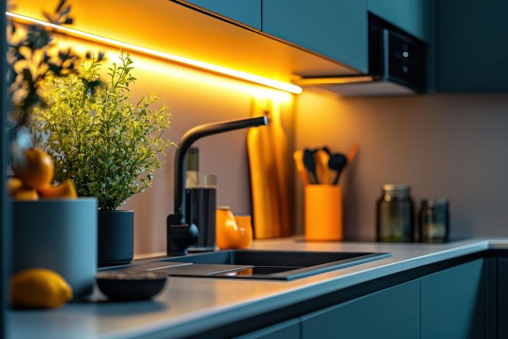 Una cocina con fregadero, grifo y utensilios en la encimera.