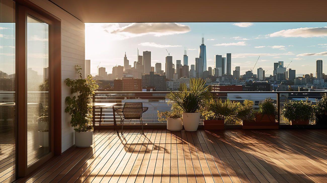 Balcón con terraza de madera, plantas y el horizonte de la ciudad de fondo, bañado por la luz del sol.