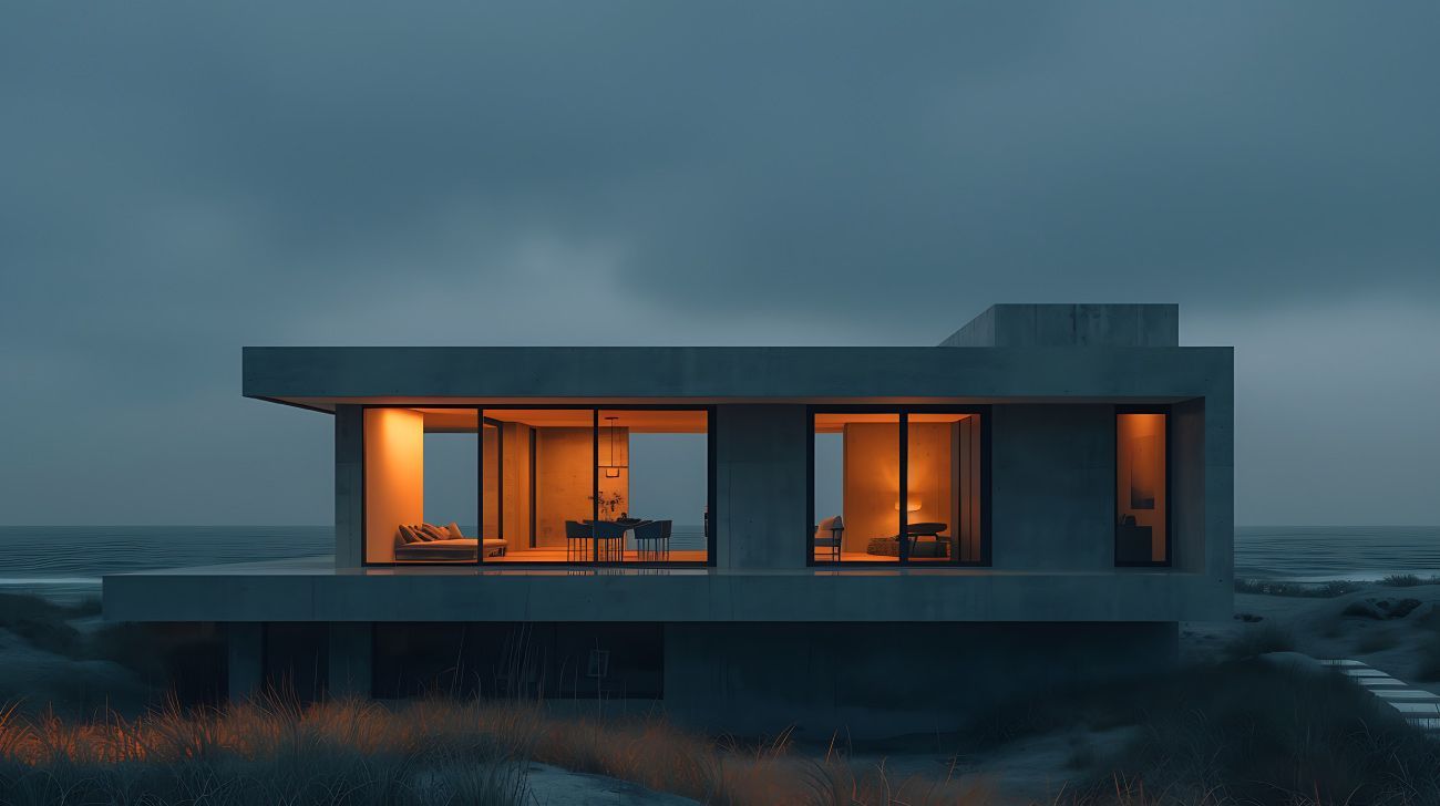 Casa moderna de hormigón con luces interiores brillantes contra un cielo gris y melancólico, con vista a un cuerpo de agua.