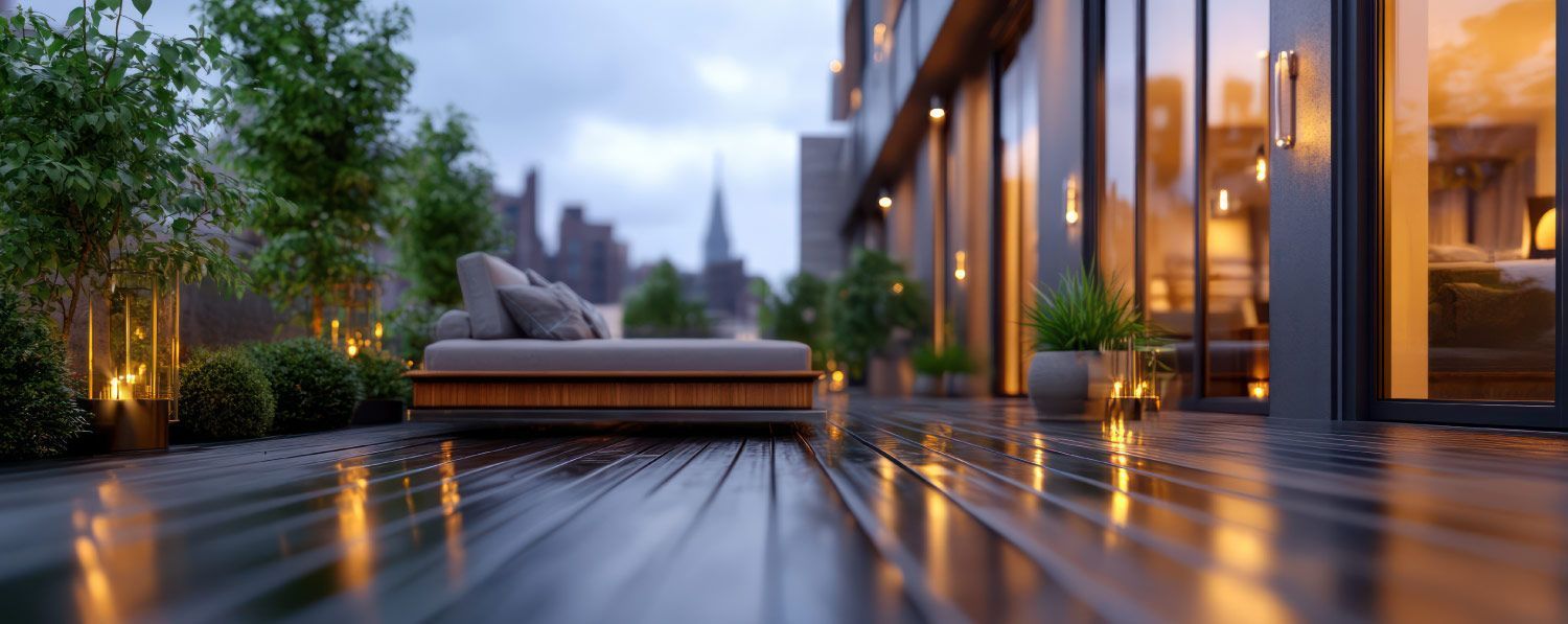 Patio exterior con suelo de madera mojado, iluminado por una luz suave y con el horizonte de la ciudad de fondo.