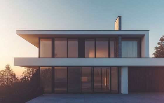 Casa moderna de dos pisos con grandes ventanales, fachada blanca y techo plano al atardecer.