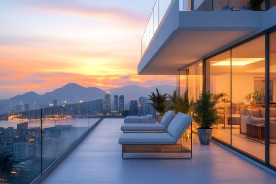Patio en la azotea con tumbonas y vistas a la ciudad al atardecer. Se ven las montañas y el agua.