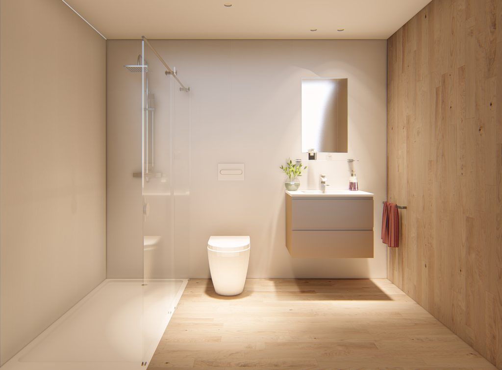 Baño moderno con ducha, inodoro, tocador y pared decorativa de madera.