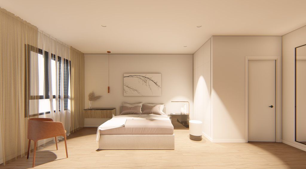 Dormitorio con cama, silla, ventana y paredes blancas; colores beige y madera clara.