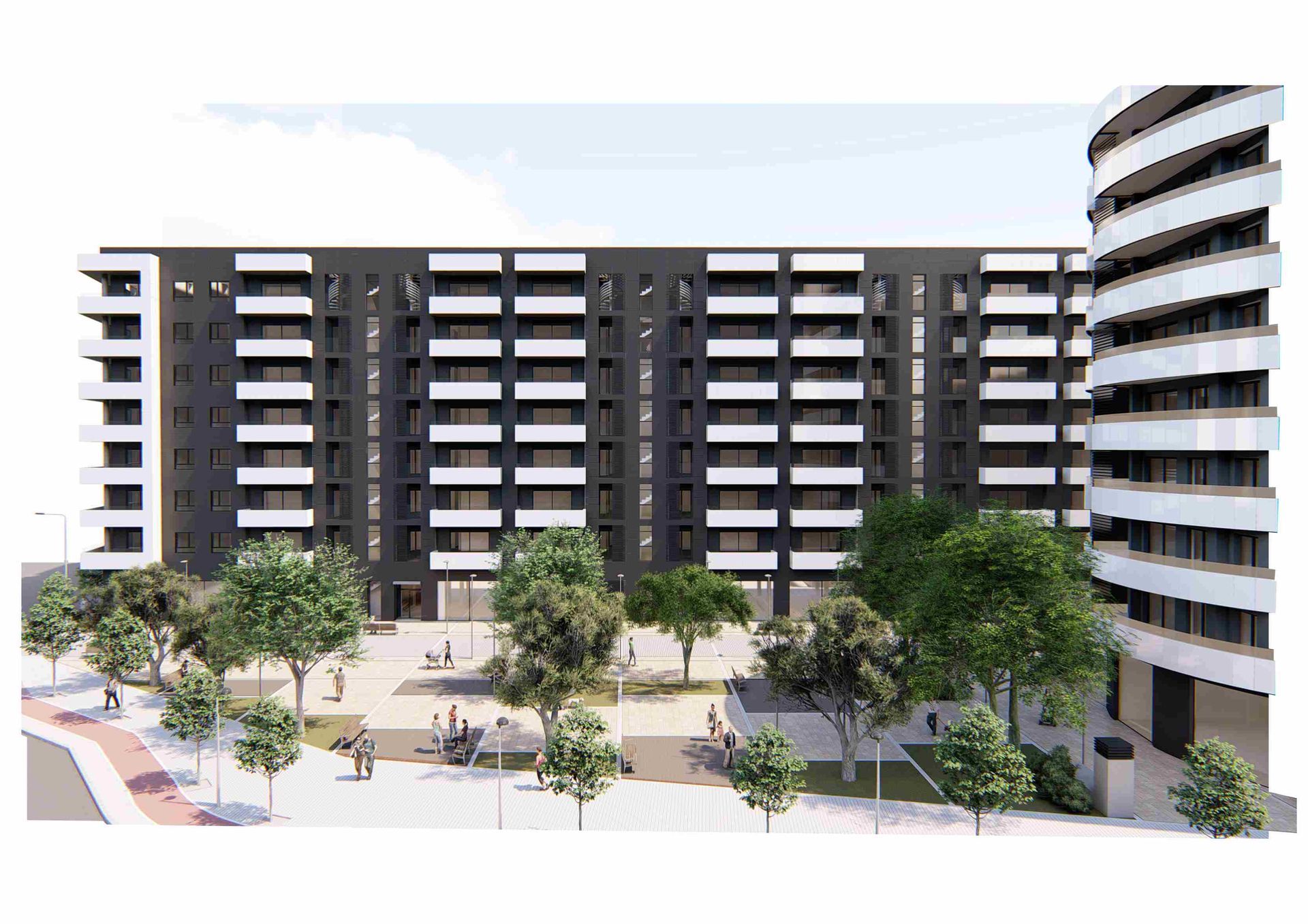 Dormitorio con ropa de cama blanca, obras de arte en negro y dorado y un banco negro.