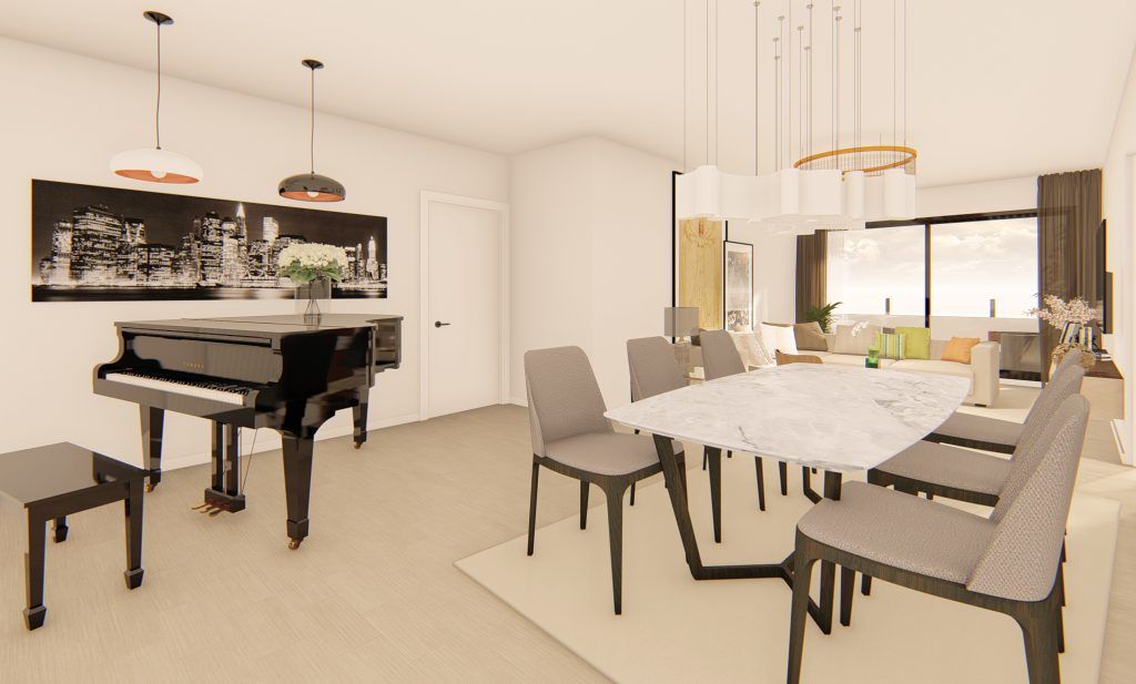 Un moderno comedor y sala de música con piano, una mesa de comedor con sillas y lámparas colgantes.