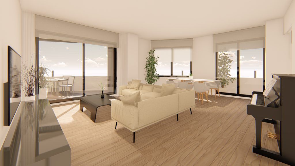 Moderna sala de estar con sofá beige, piano y vistas al balcón.