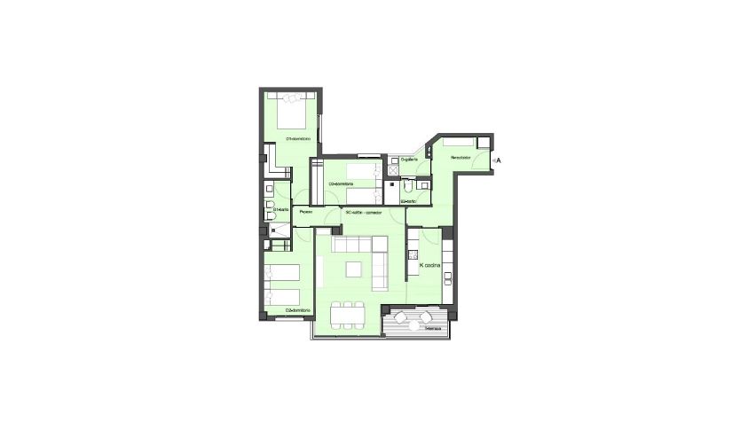 Plano de un apartamento con habitaciones etiquetadas, incluyendo terraza y detalles del área total.