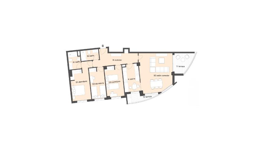 Plano de un apartamento con varias habitaciones, que incluye sala de estar, dormitorios y baños.
