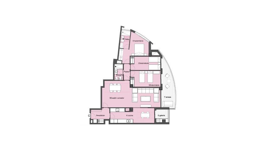 Plano de planta con habitaciones rosas, cocina, sala de estar y balcón. Medidas y detalles detallados.