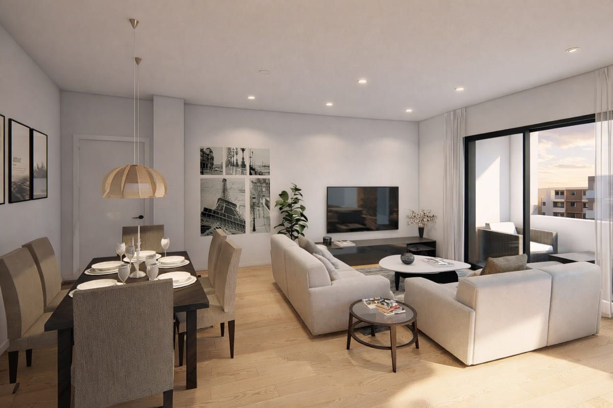 Moderna sala de estar con comedor, sofás, TV y acceso al balcón.