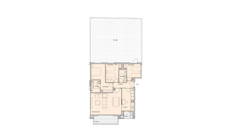 Plano de una casa con habitaciones, incluida sala de estar, dormitorios y un porche.