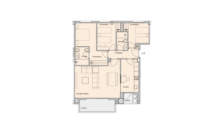 Plano de un apartamento con dos dormitorios, salón y cocina.