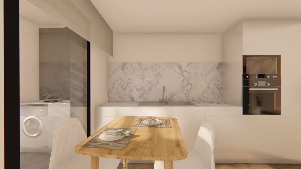 Cocina con mesa de comedor, salpicadero de mármol, electrodomésticos blancos y horno empotrado.