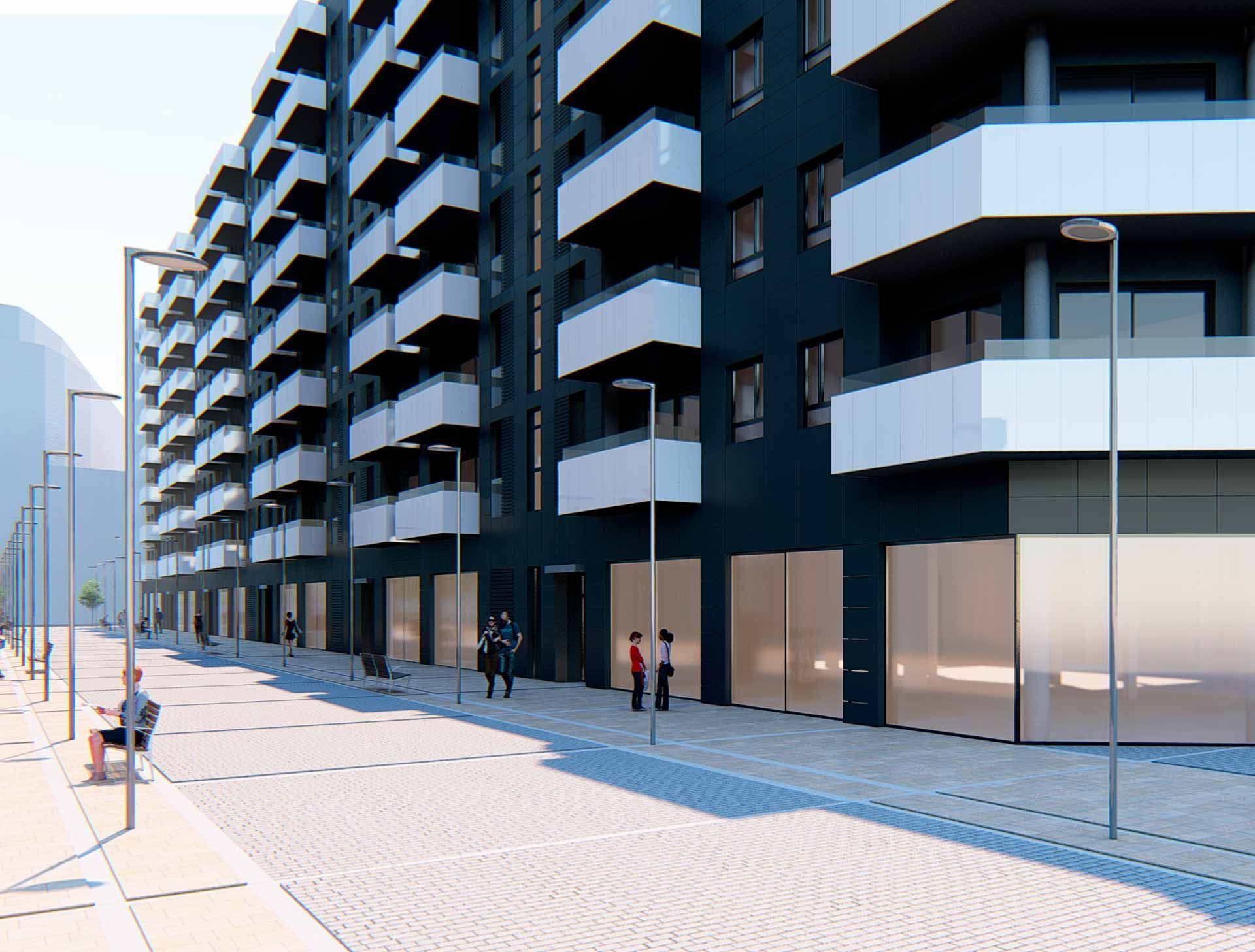 Moderna sala de estar con comedor, escalera y sofá marrón.