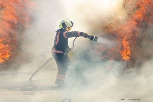 Feuerwehrmann bekämpft Flammen mit einem Wasserschlauch. Rauch liegt in der Luft.