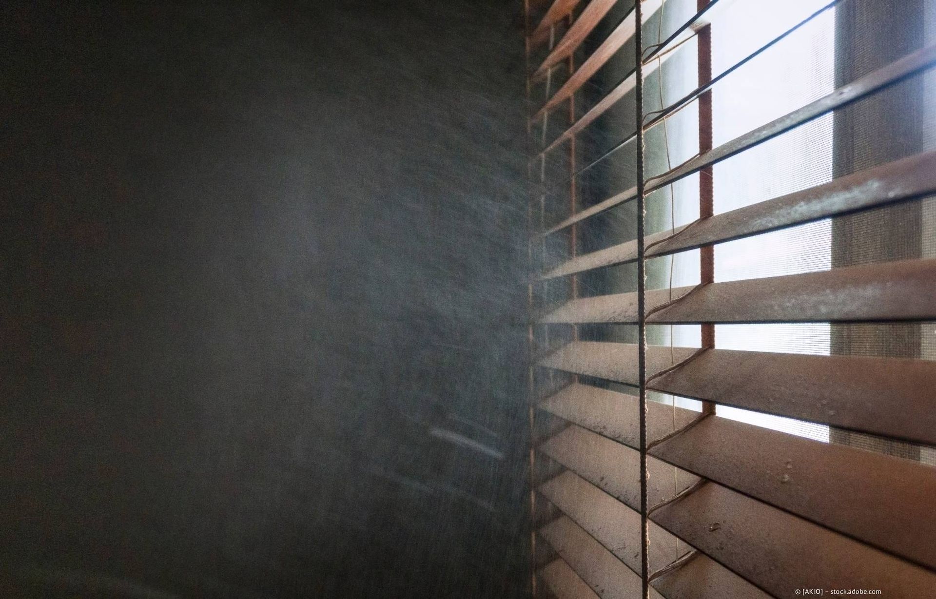 Holzjalousien neben einer dunklen, strukturierten Wand. Sonnenlicht strömt durch die Jalousien.