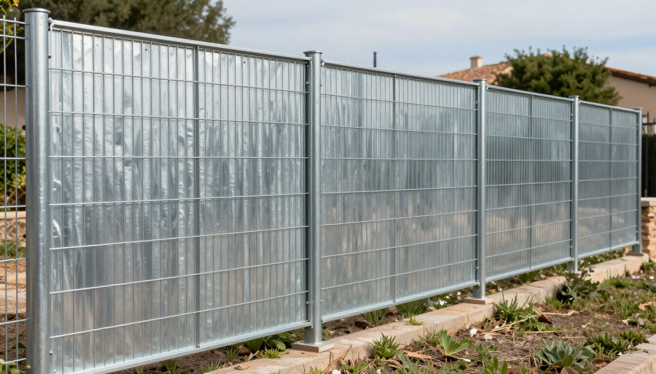 Paneles de valla de malla de alambre de acero galvanizado instalados entre postes metálicos a lo largo de un camino.