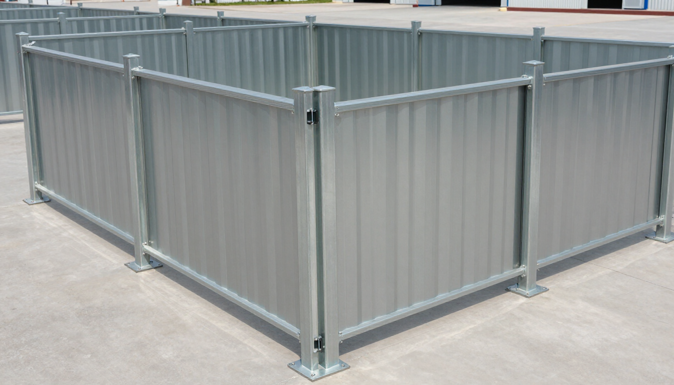 Valla perimetral modular de metal gris con paneles corrugados instalada sobre una superficie de hormigón.