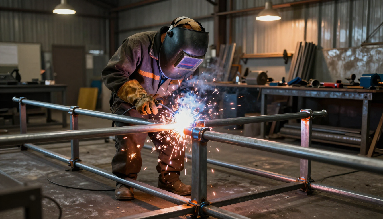 Un soldador con equipo de protección utiliza un arco eléctrico para fusionar tuberías metálicas en un taller industrial.