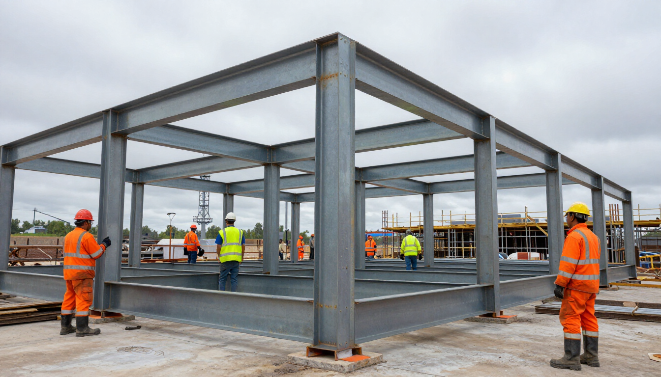 Obreros de la construcción con ropa de alta visibilidad de color naranja y amarillo, de pie dentro de la estructura metálica.