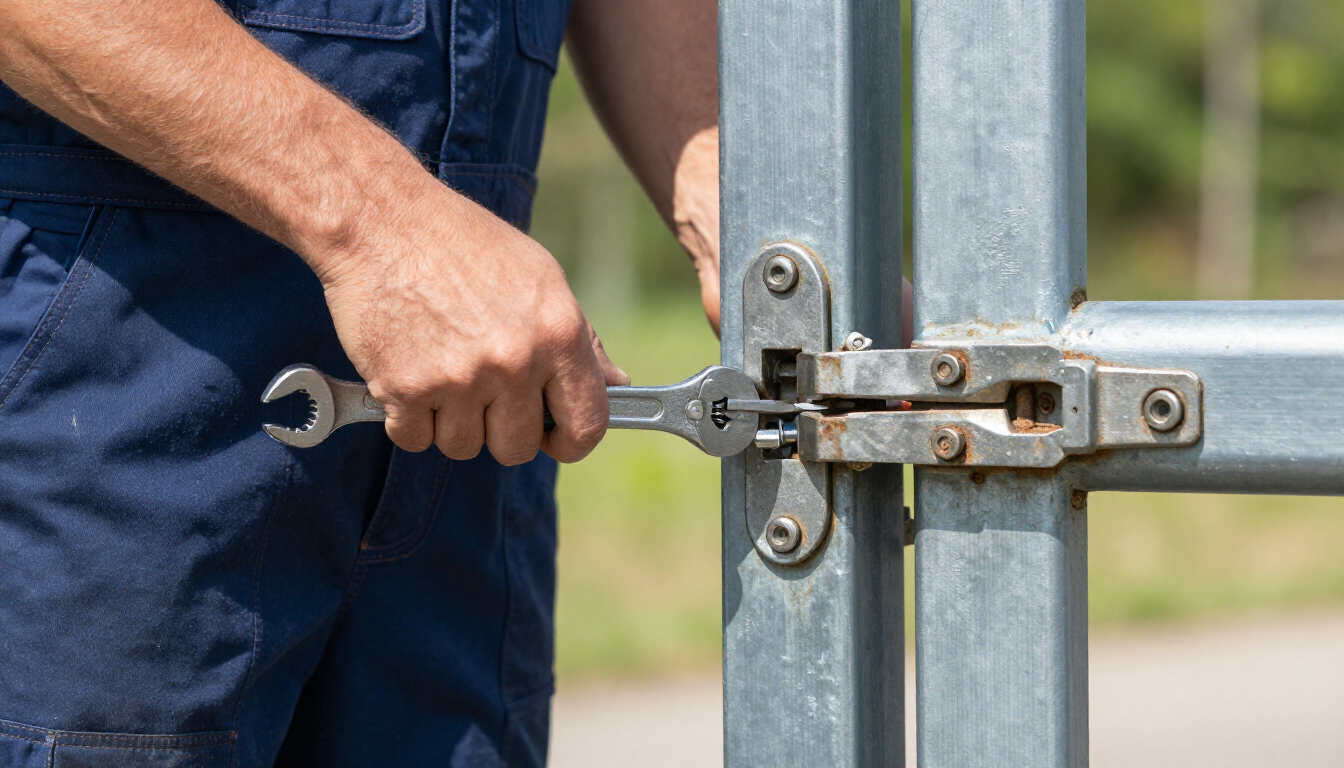Una persona vestida con ropa de trabajo azul utiliza una llave inglesa para ajustar el pestillo metálico de una puerta.