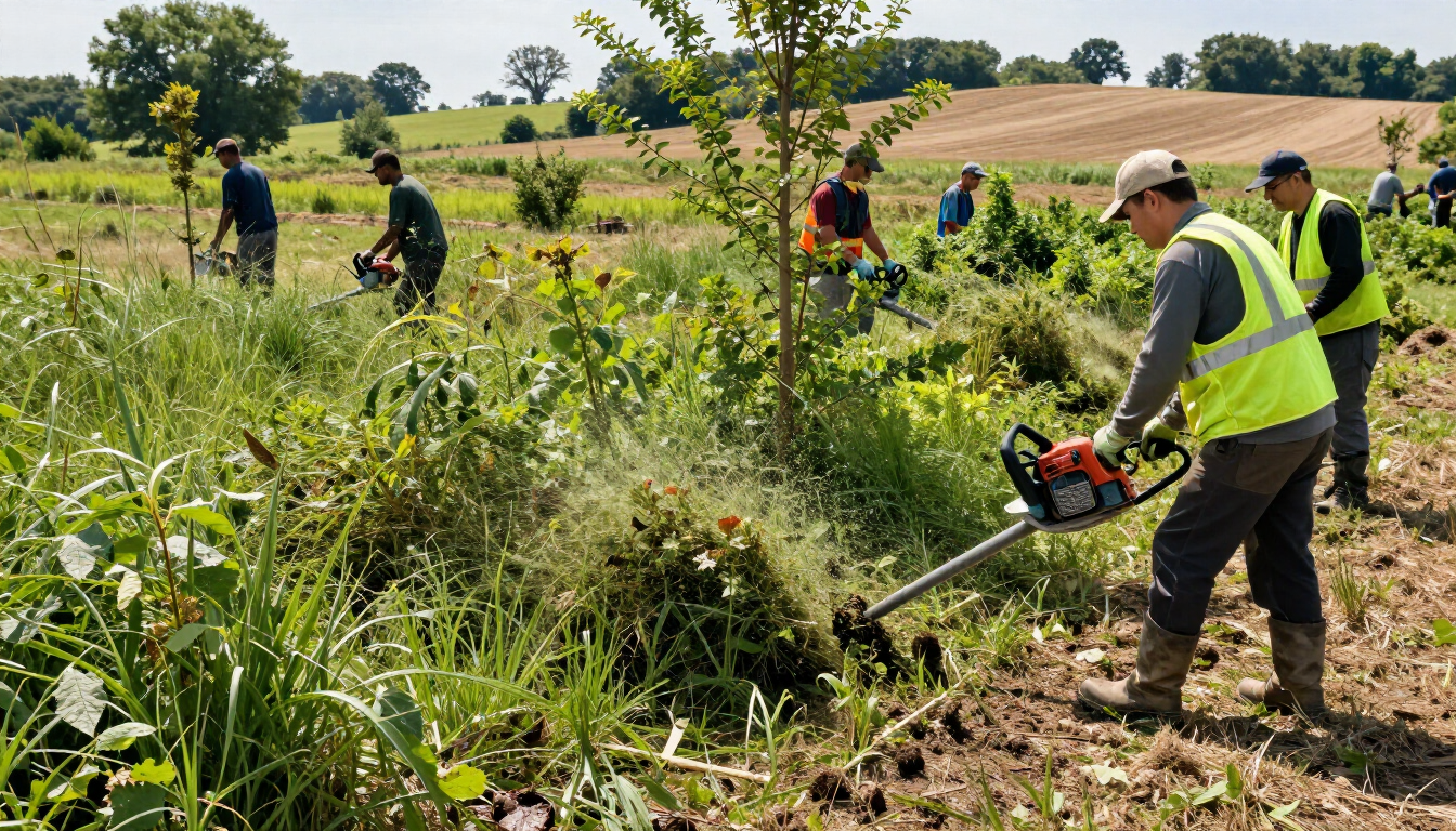 Los trabajadores, equipados con chalecos reflectantes, utilizan desbrozadoras para eliminar la maleza y los arbustos.