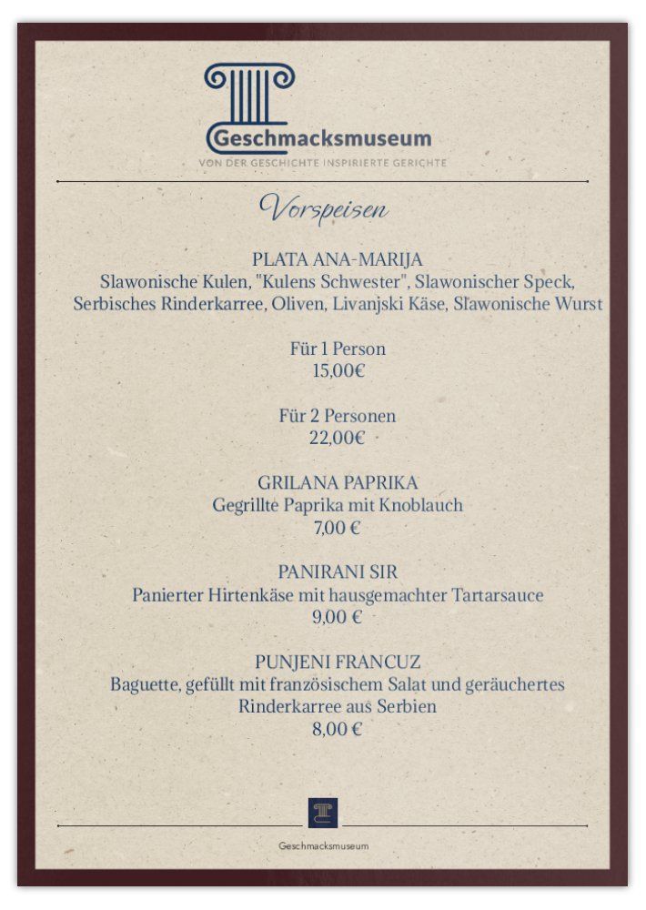 Eine Speisekarte für ein Restaurant namens Geschmacksmuseum