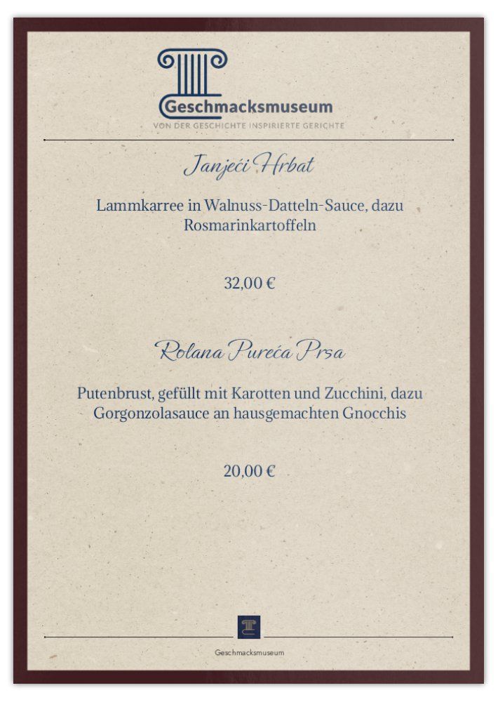 Eine Speisekarte für ein Restaurant namens Geschmacksmuseum.