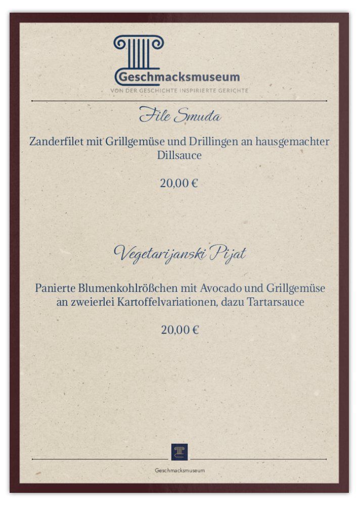 Ein Menü für ein Restaurant mit einem Preis von 20 Euro.