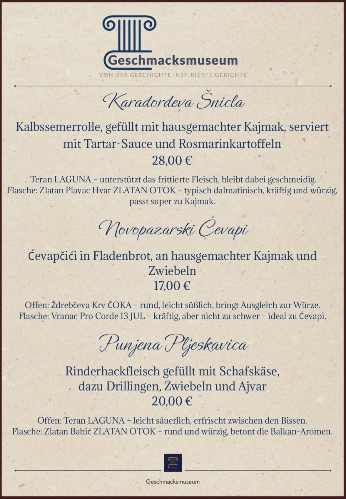 Menü des Geschmacksmuseums mit drei Gerichten: Karadordeva Snicla, Novopazarski Cevapi und Punjena Pljeskavica mit Preisen.