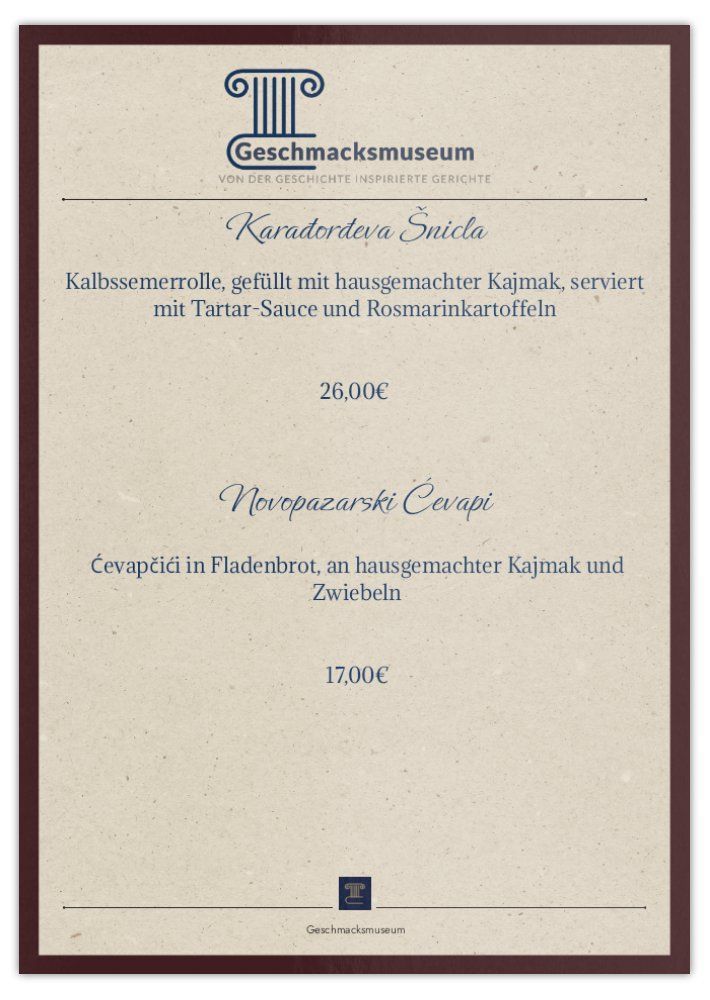 Eine Speisekarte für ein Restaurant mit zwei Tellern voller Essen darauf.