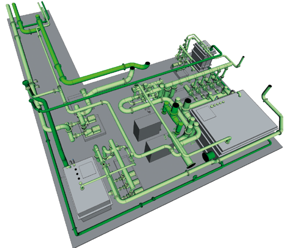 Ein digitales 3D-Modell, das ausschließlich die grün dargestellten Rohr- und Belüftungssysteme einer Etage zeigt.