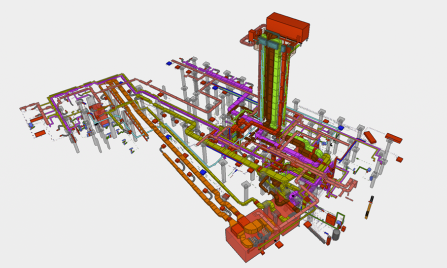 Ein umfassendes CAD-Modell der gesamten technischen Gebäudeausrüstung mit farbigen Rohrnetzwerken.