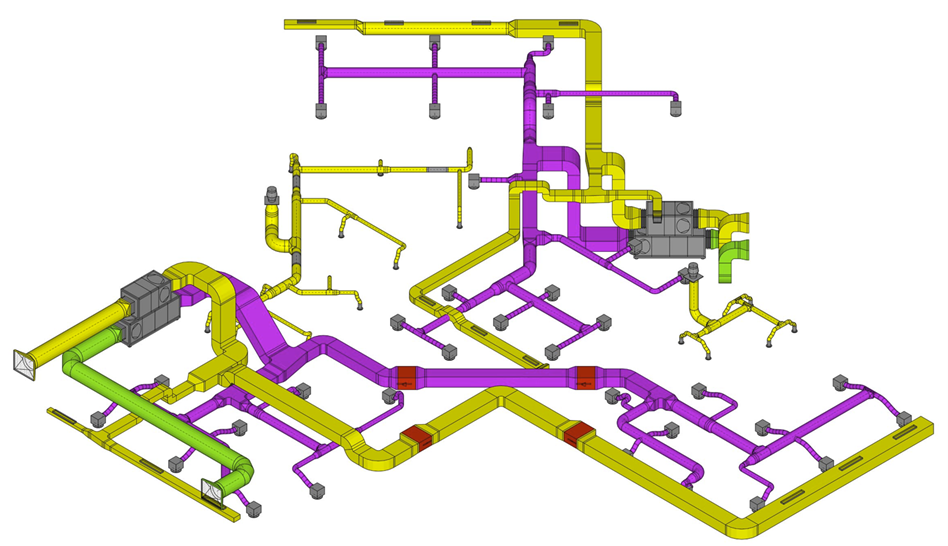 Ein komplexes 3D-Modell eines Rohrleitungssystems mit gelben und lila Segmenten auf weißem Hintergrund.