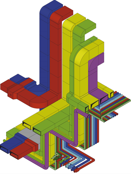 Eine schematische 3D-Ansicht von farblich unterschiedlichen, vertikalen Lüftungskanälen.