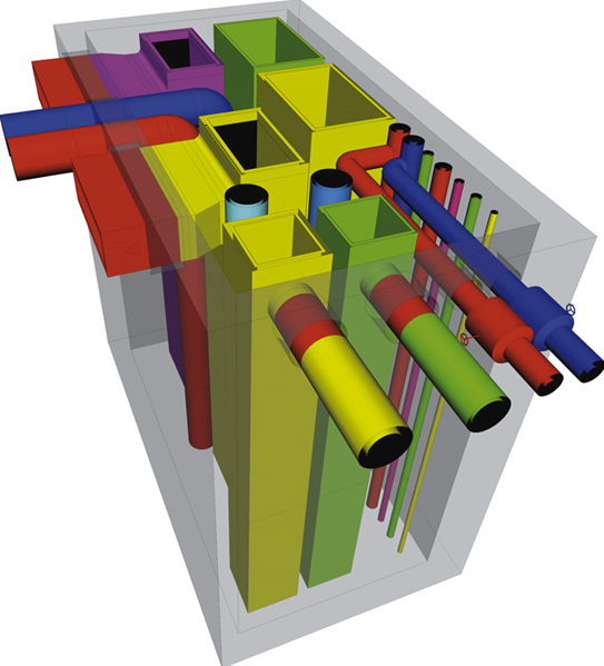 Ein digitales 3D-Modell, das kreuzende, bunte Rohrleitungen und Lüftungsschächte in einem Gebäude zeigt.