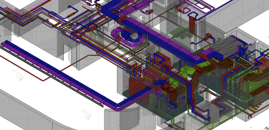 Ein detaillierter Blick in das komplexe 3D-Modell der Haustechnik innerhalb der Gebäudestruktur.