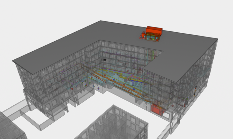 Eine graue 3D-Außenansicht eines L-förmigen Gebäudemodells mit sichtbarer Haustechnik auf dem Dach.