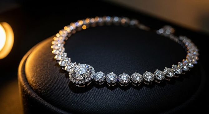 Collar de diamantes sobre un soporte negro con iluminación bokeh cálida