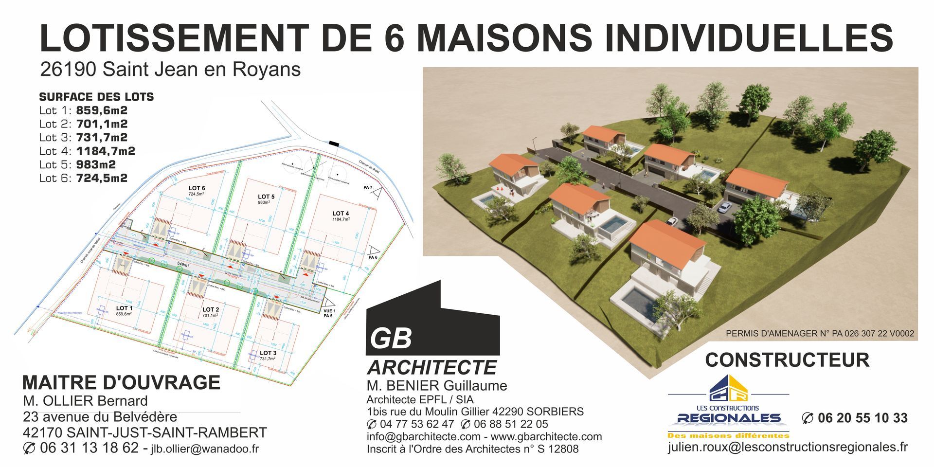 Affiche pour un projet de lotissement de 6 maisons, avec plans du site et rendus 3D des maisons.
