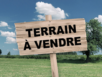 Un panneau en bois dans un champ vert indique TERRAIN À VENDRE sous un ciel bleu.